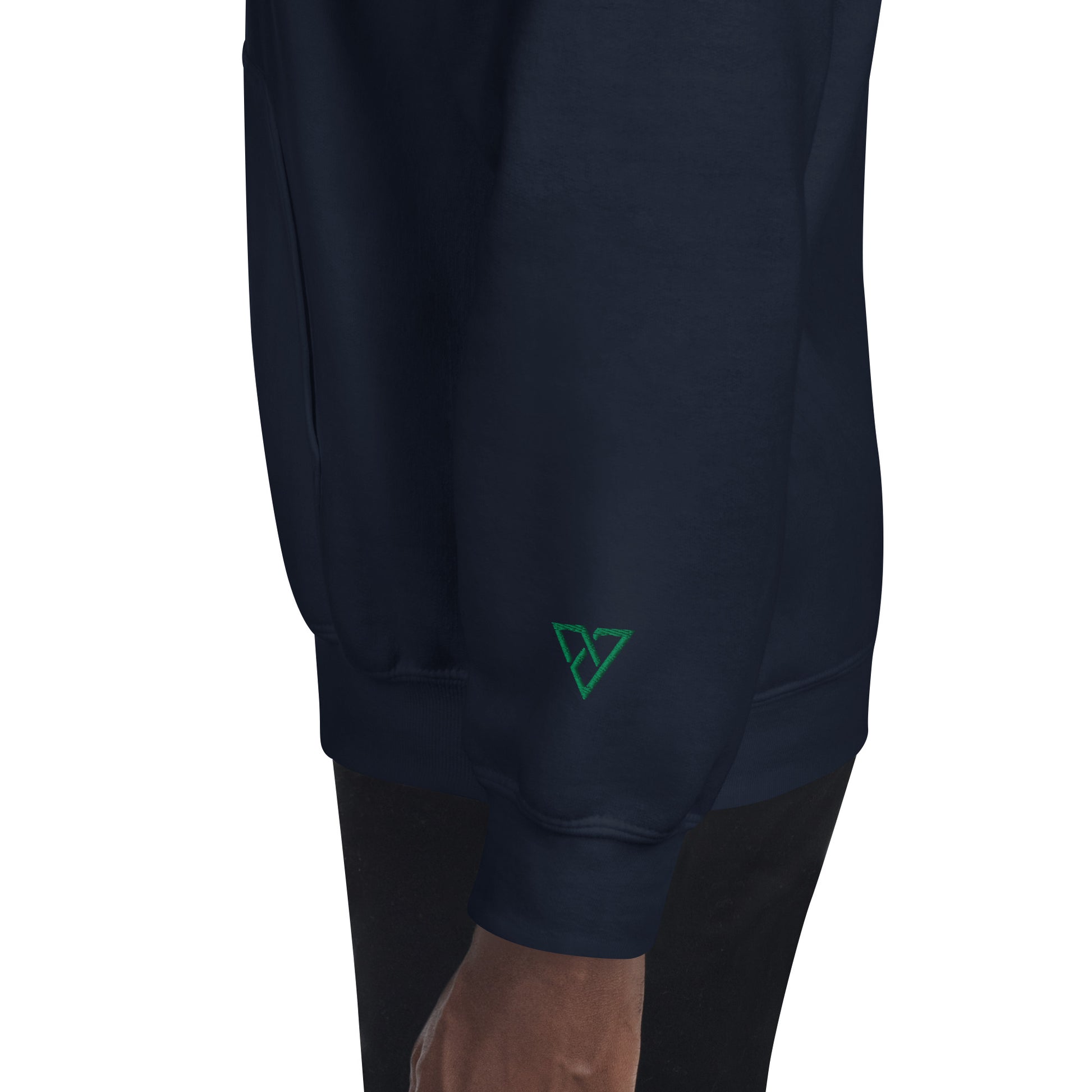 Close-up of the HorizonVibe Raw Power men's navy hoodie sleeve featuring the minimalist HorizonVibe logo on the left cuff.