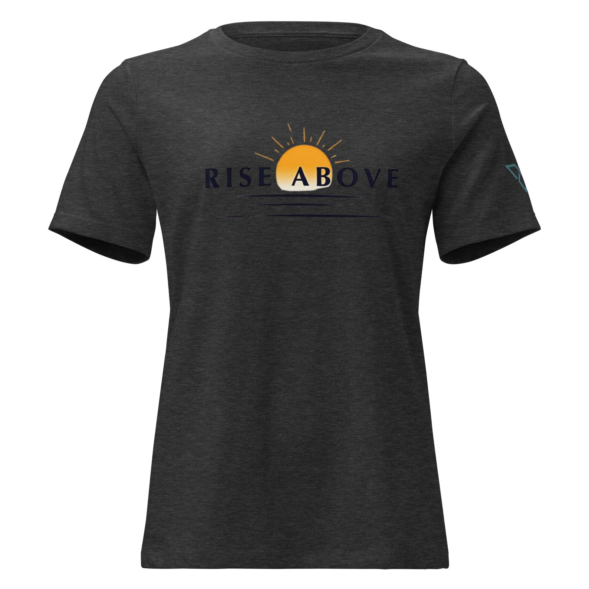 Rise Above T-Shirt in Dark Grey Heather featuring a minimalist sunrise graphic on the front, photographed on a white background for HorizonVibe women's outdoor lifestyle collection.