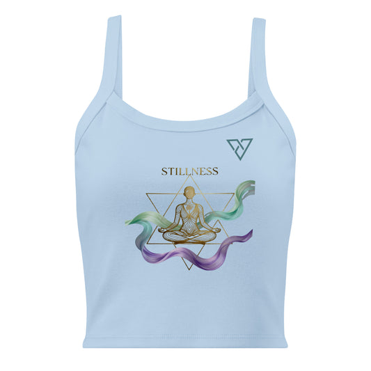 Front view of HorizonVibe Stillness baby blue micro rib tank with gold meditation artwork and flowing zen elements