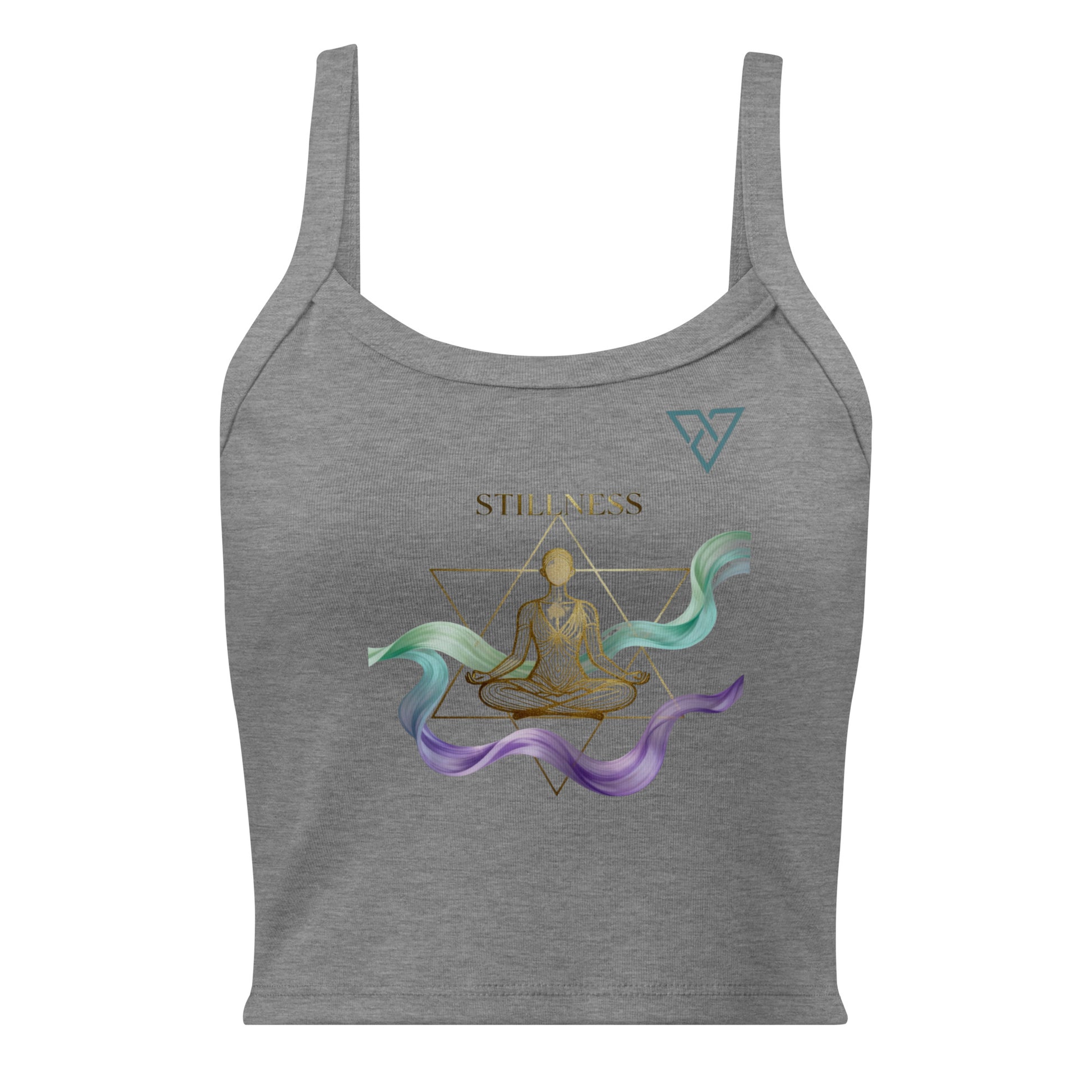 Front view of HorizonVibe Stillness grey women's micro rib tank top with gold meditation design and flowing zen elements