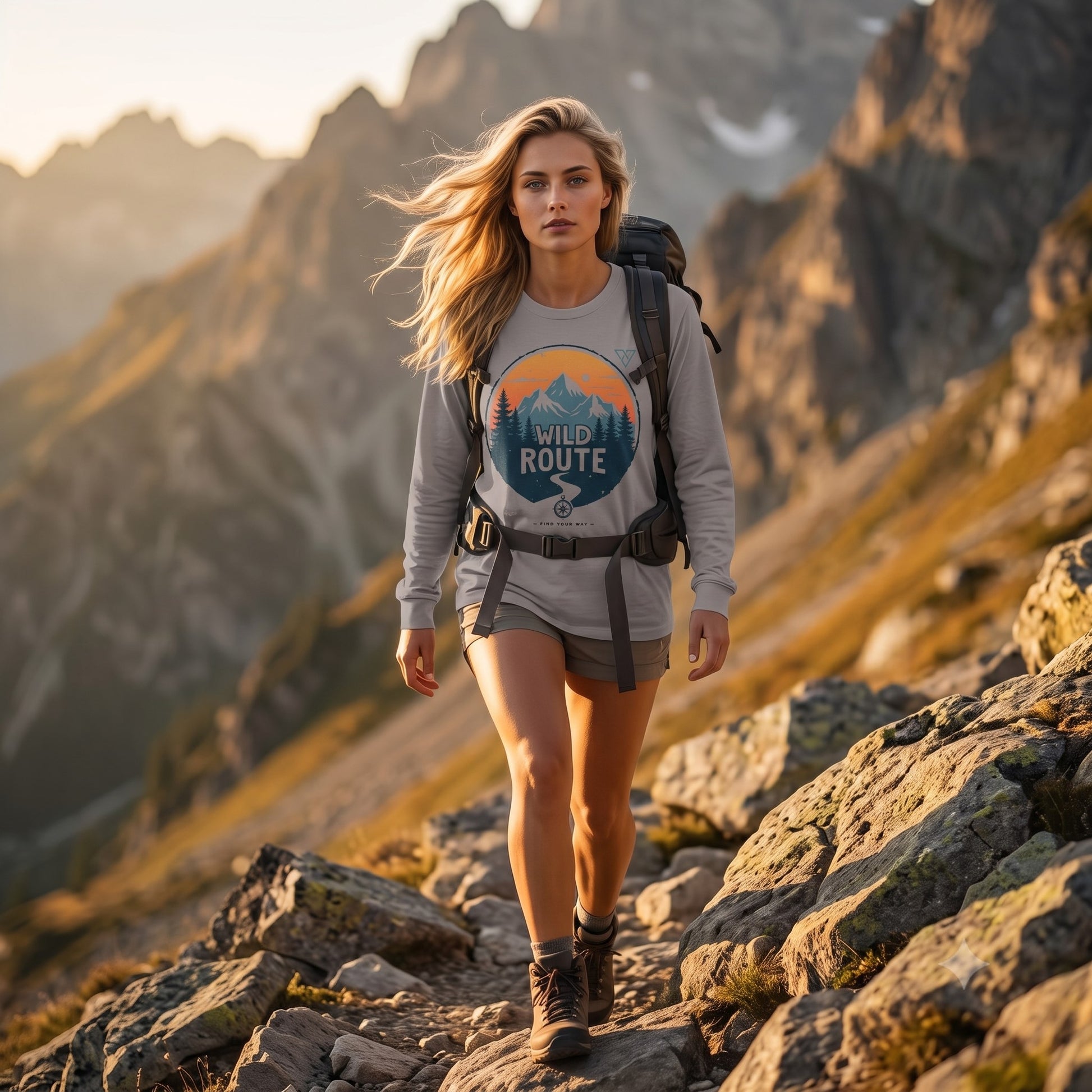Woman hiking along a rocky mountain trail at golden hour wearing the HorizonVibe Wild Route Women's Long Sleeve Hiking Shirt in Storm Grey with the WILD ROUTE mountain graphic fully visible.