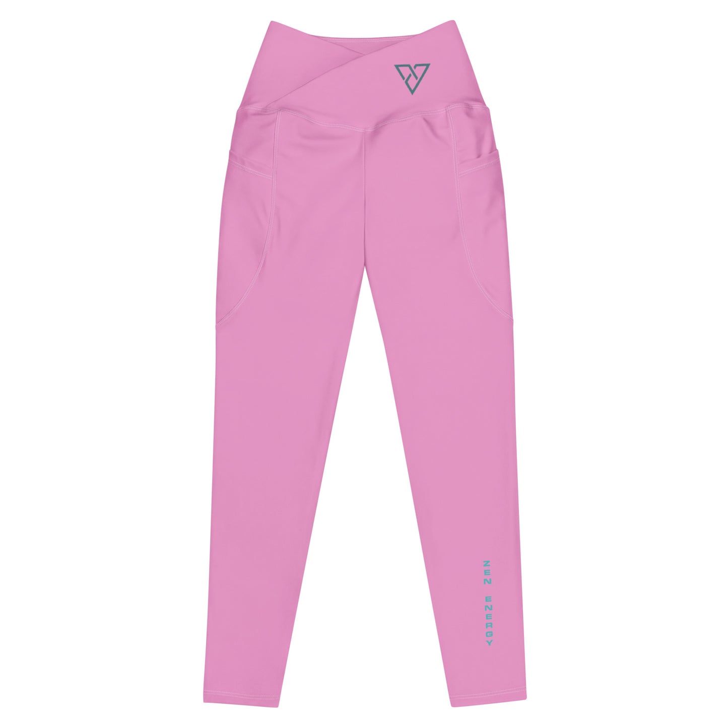 front view of pink Zen Energy leggings with minimalist HorizonVibe logo, clean product mockup