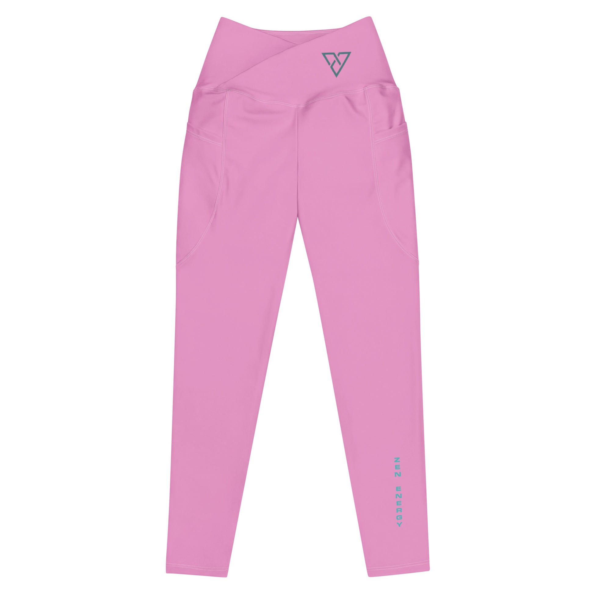 front view of pink Zen Energy leggings with minimalist HorizonVibe logo, clean product mockup