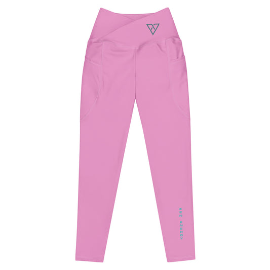 front view of pink Zen Energy leggings with minimalist HorizonVibe logo, clean product mockup
