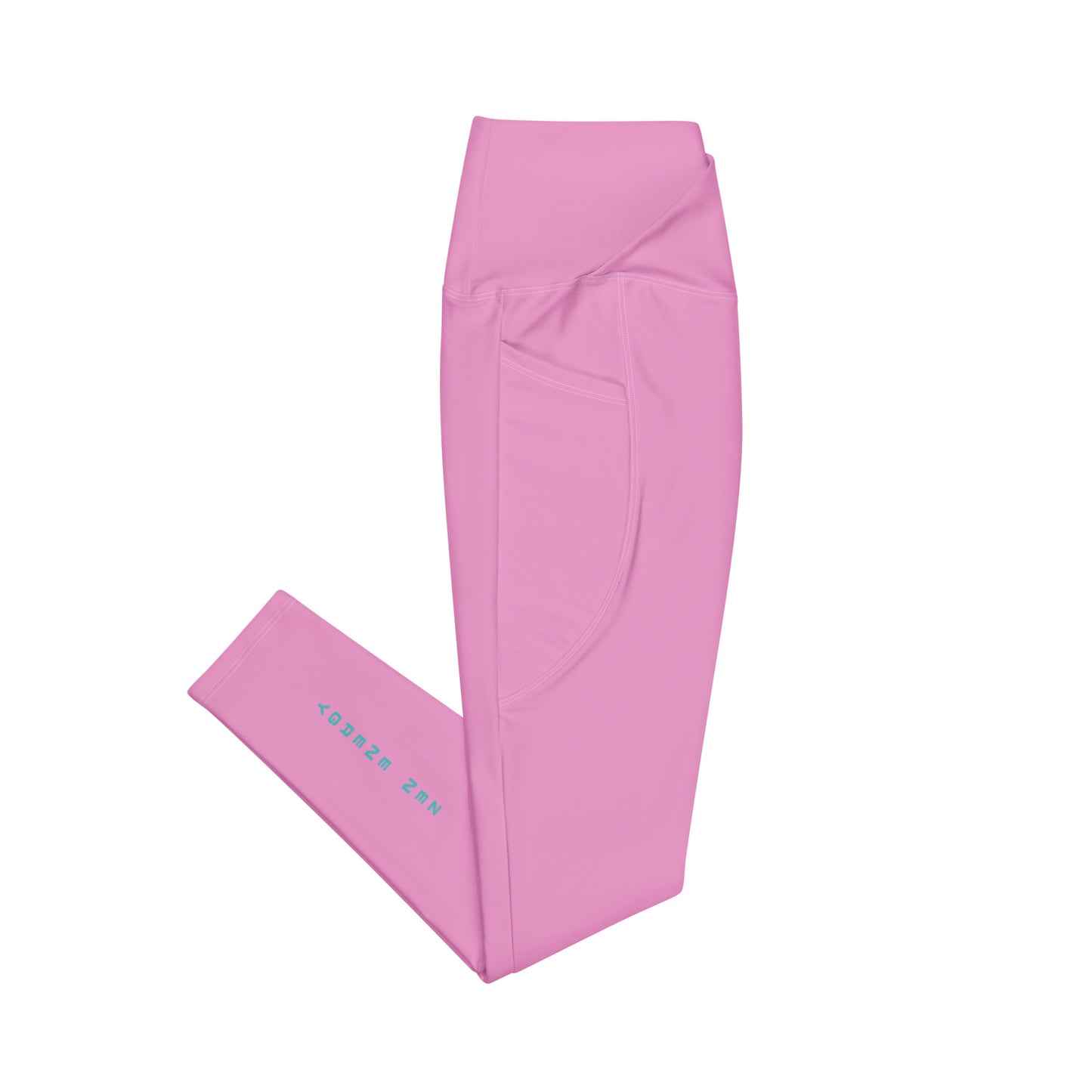 side view of pink Zen Energy leggings with minimalist HorizonVibe logo, clean product mockup
