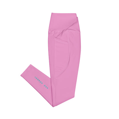 side view of pink Zen Energy leggings with minimalist HorizonVibe logo, clean product mockup