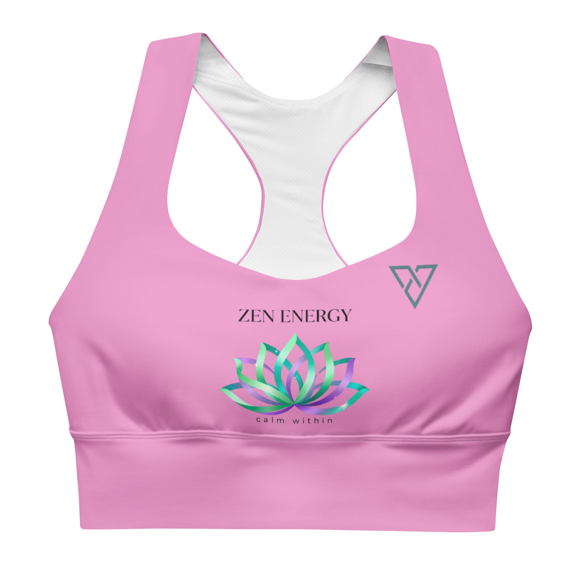 front view of pink Zen Energy sports bra with minimalist HorizonVibe logo, clean product mockup