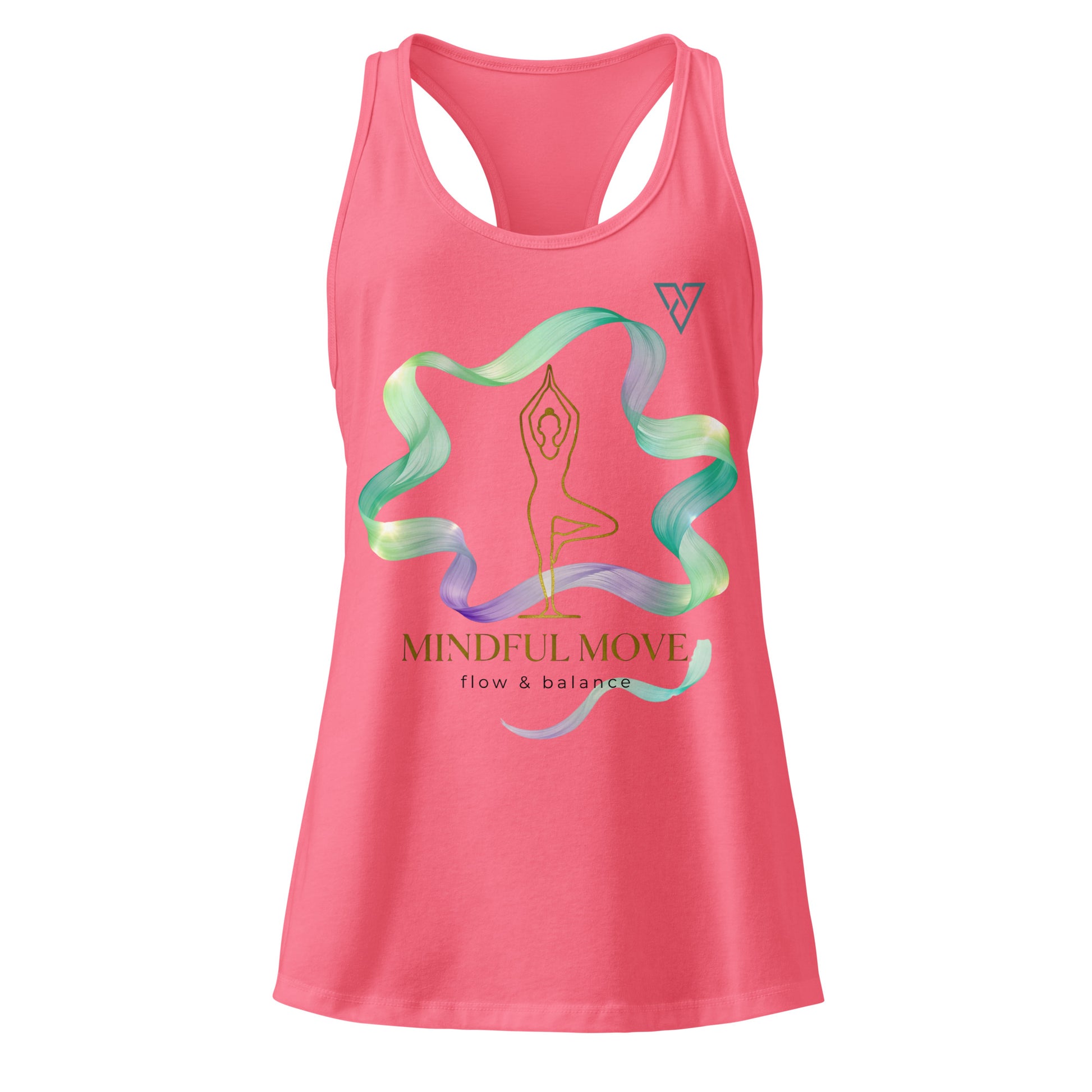 front view of pink Zen Energy tank top with mindful yoga design, HorizonVibe