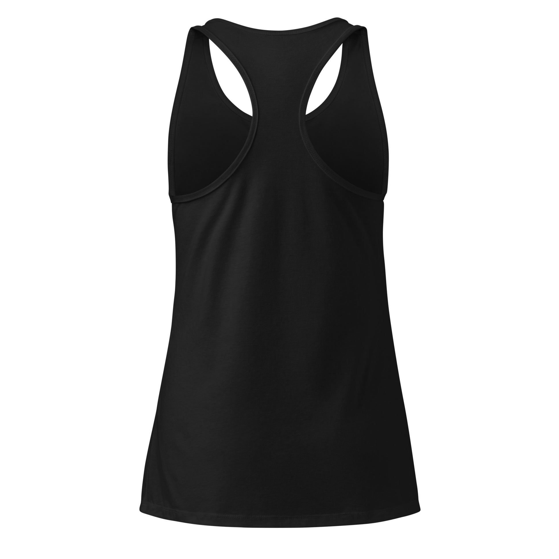 women's black Zen Energy tank top back view, racerback design, minimalist fitness apparel, HorizonVibe