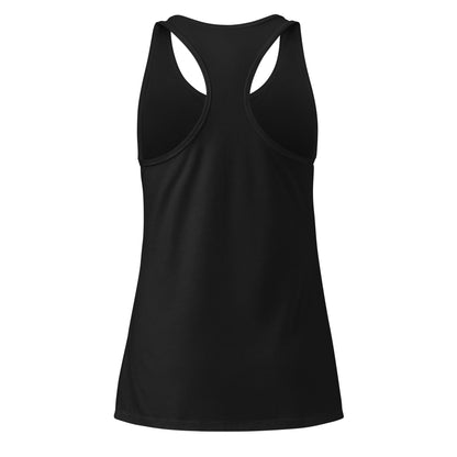 women's black Zen Energy tank top back view, racerback design, minimalist fitness apparel, HorizonVibe