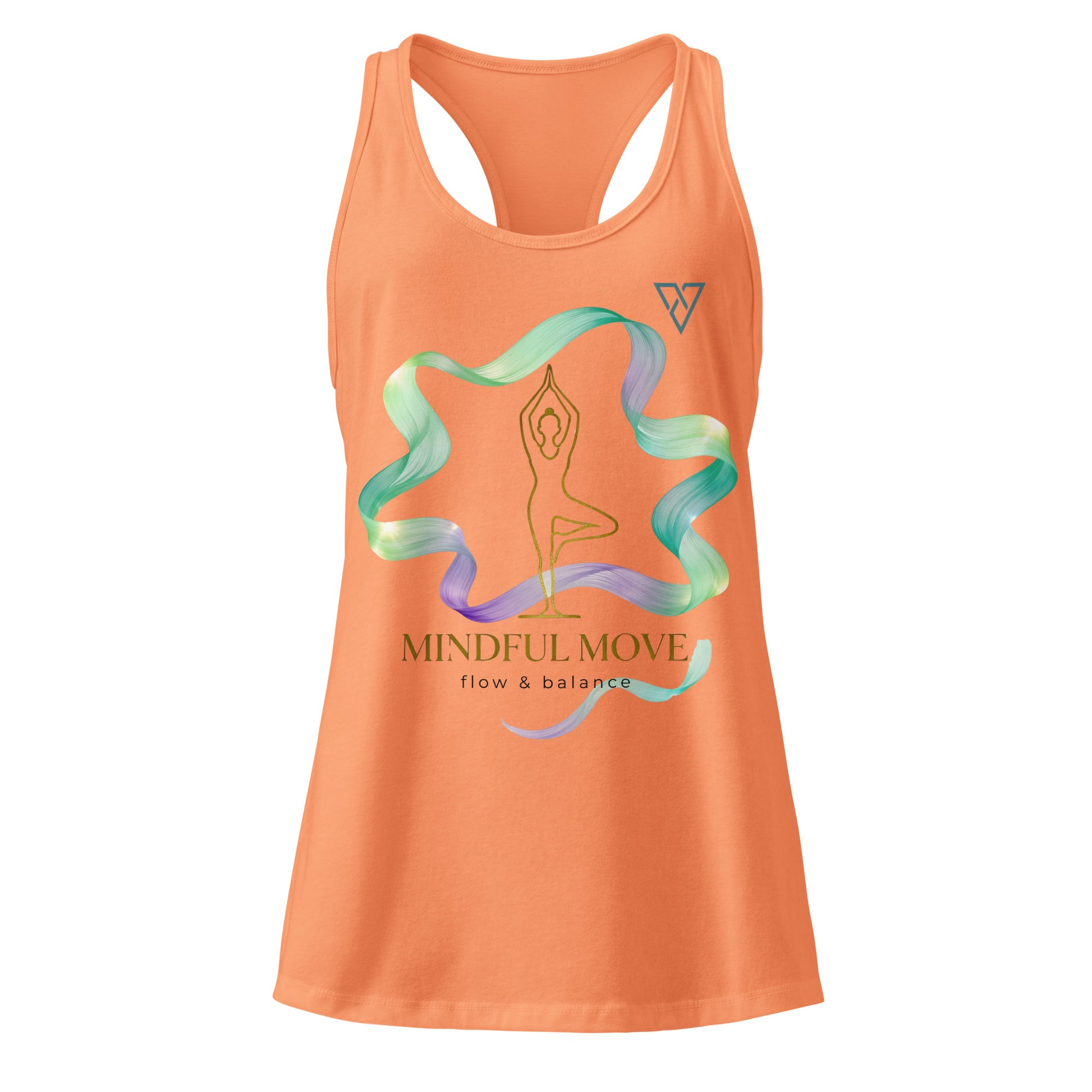women's orange Zen Energy tank top front view with mindful yoga design, minimalist fitness apparel, HorizonVibe