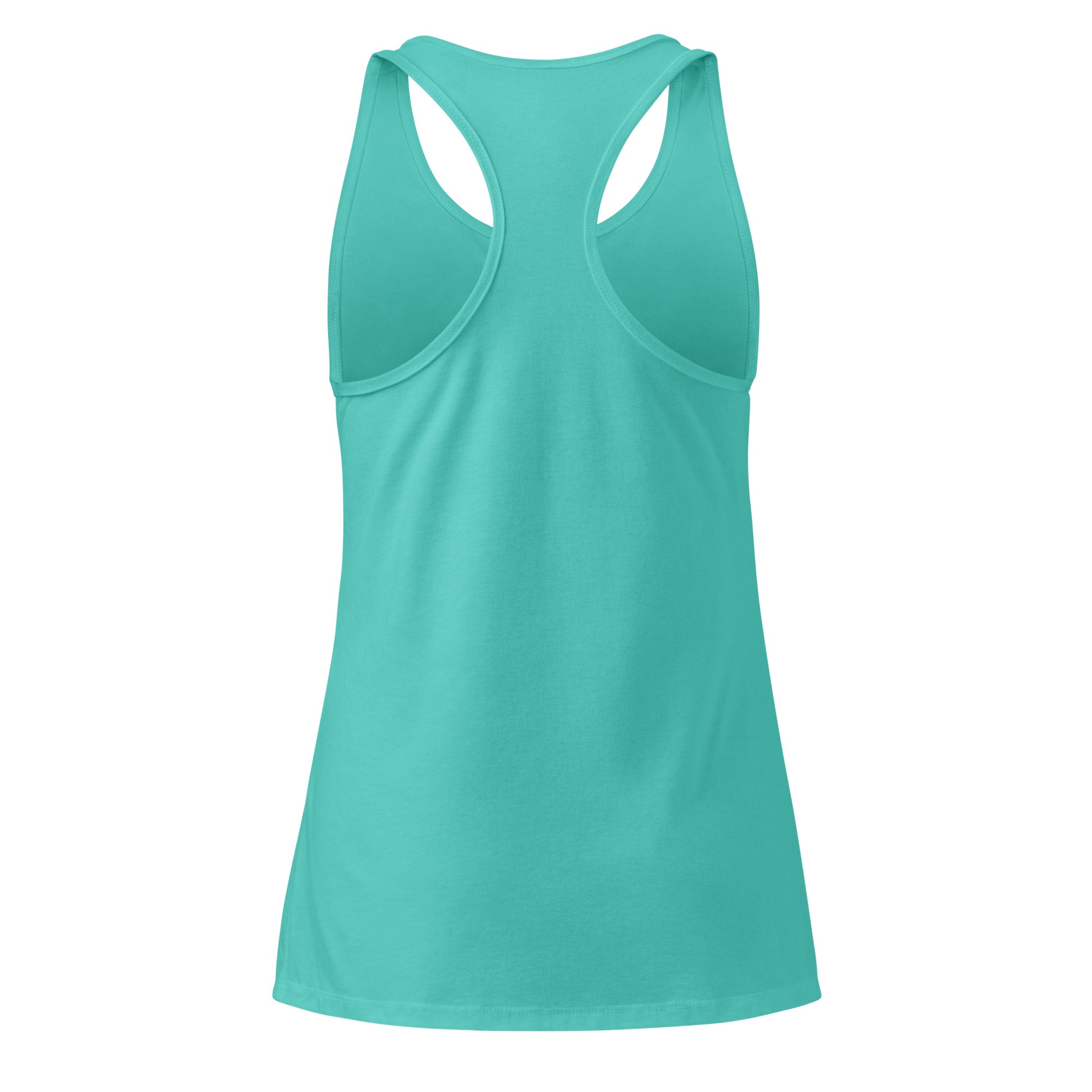 women's turquoise Zen Energy tank top back view, racerback design, minimalist fitness apparel, HorizonVibe