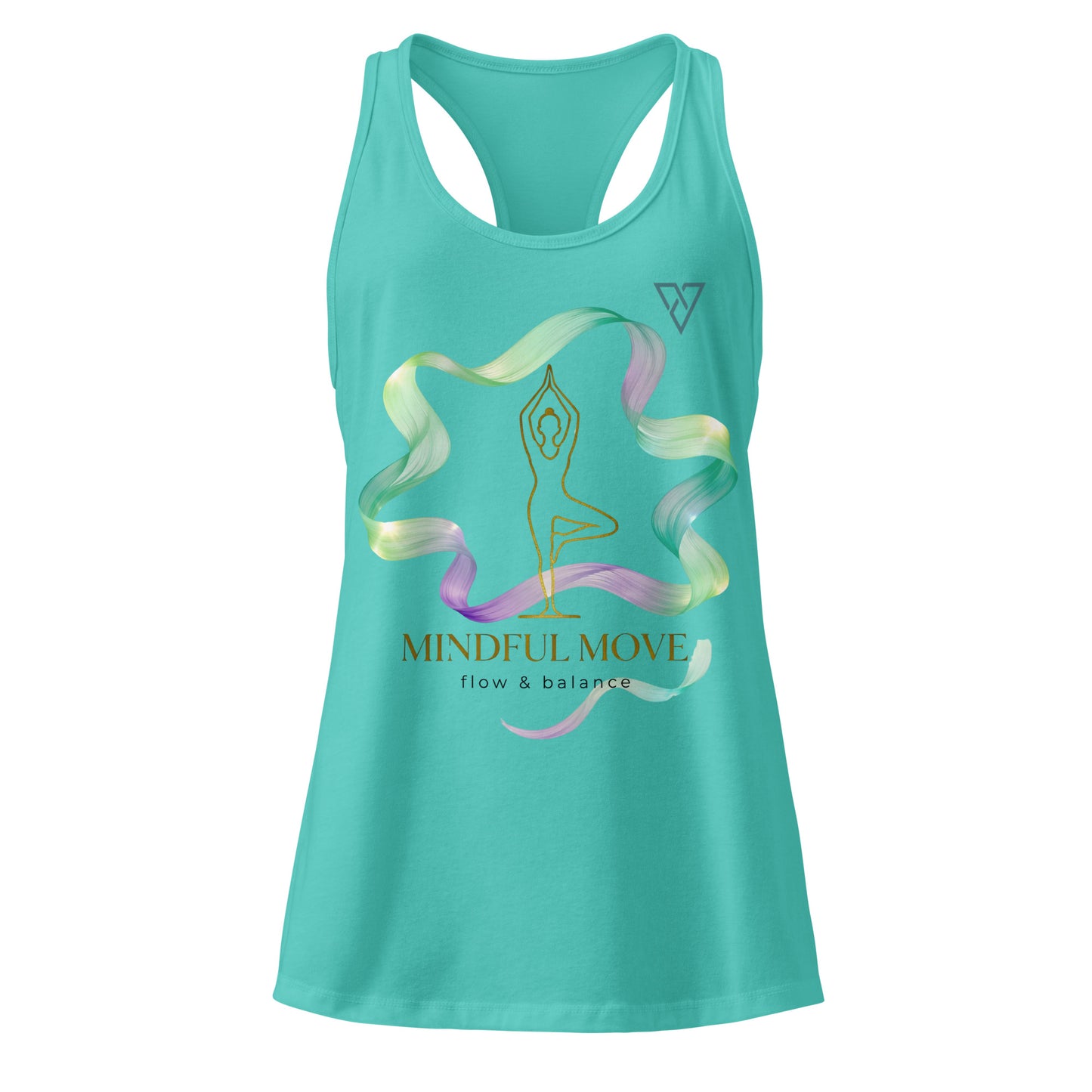 women's turquoise Zen Energy tank top front view with mindful yoga design, minimalist fitness apparel, HorizonVibe