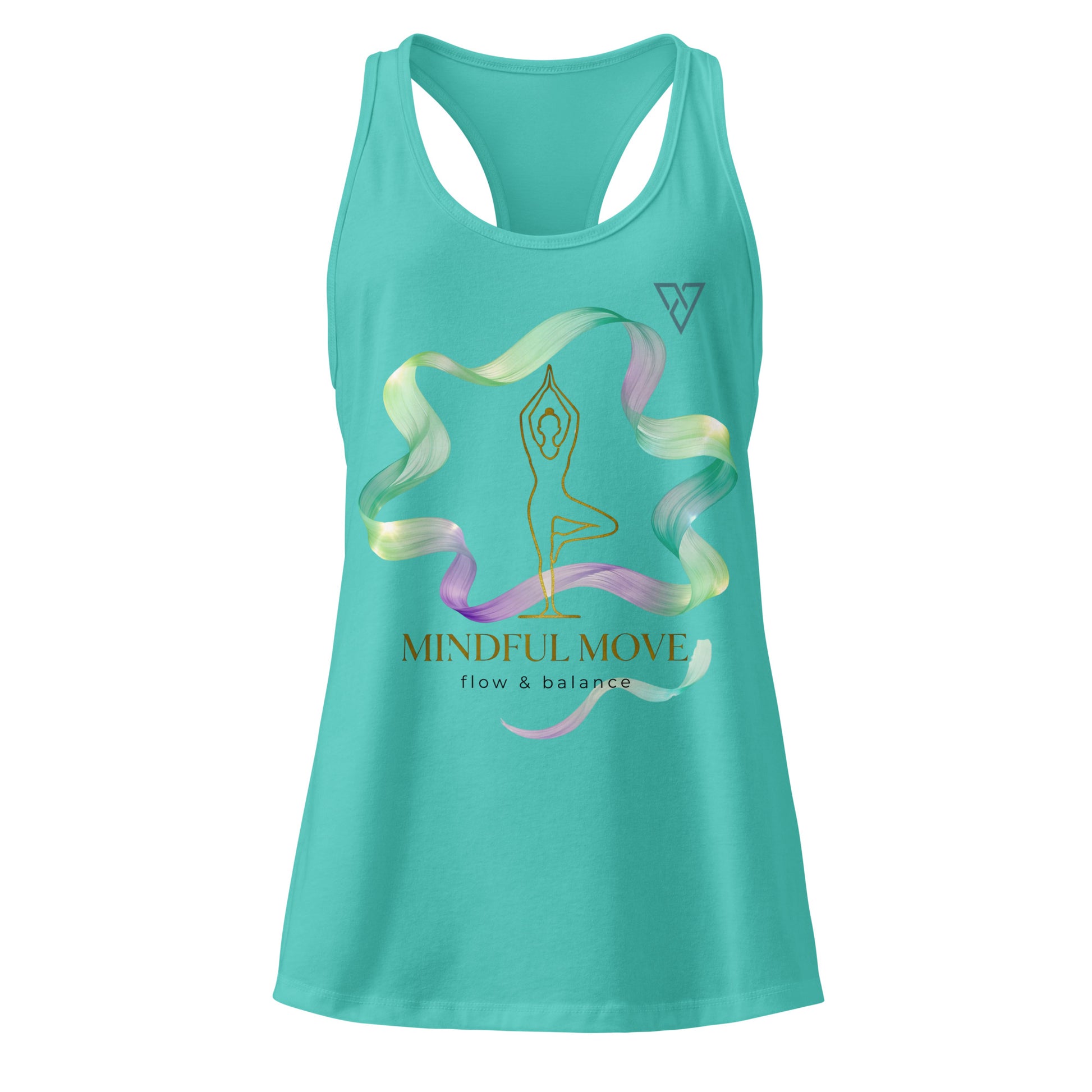 women's turquoise Zen Energy tank top front view with mindful yoga design, minimalist fitness apparel, HorizonVibe