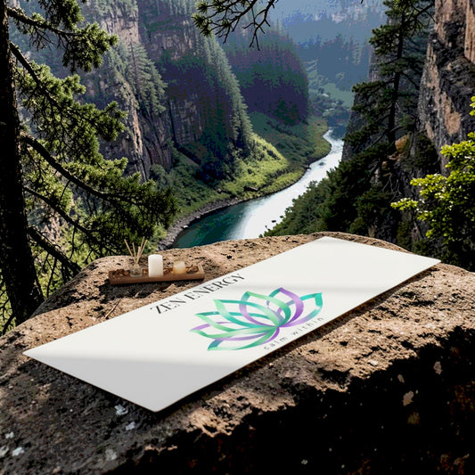 Zen Energy yoga mat with lotus design placed on a rock in nature, outdoor zen setting with river and mountains, HorizonVibe